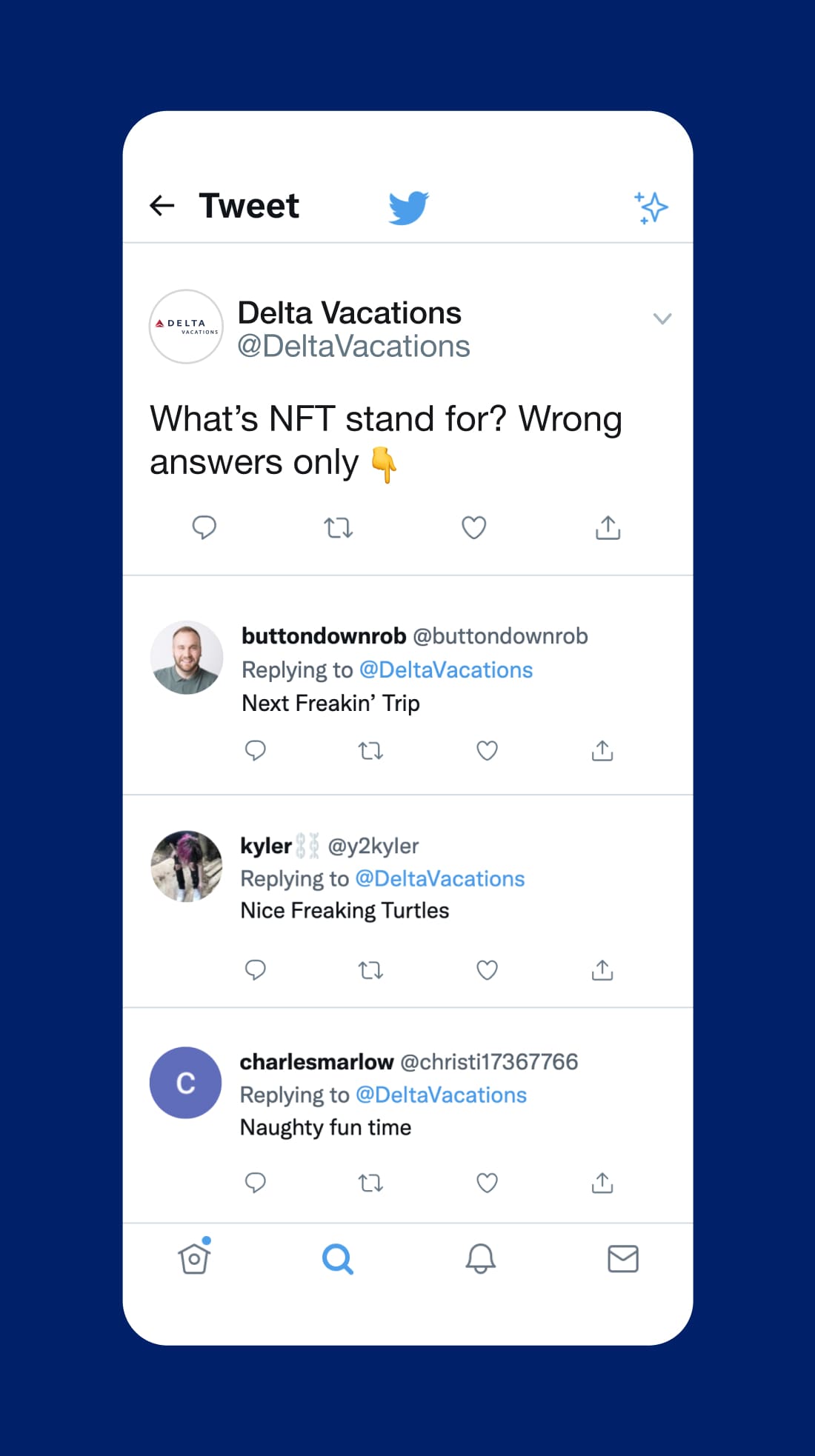 Image of Delta Vacations Tweet - "What does NFT stand for? Wrong answer only."