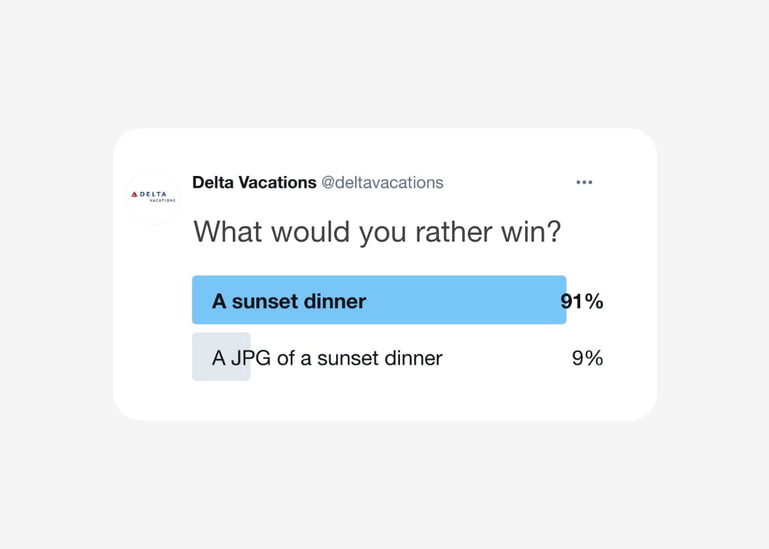 Image of Delta Vacations Poll - "What would you rather win? A sunset dinner, or a JPG of a sunset dinner?"