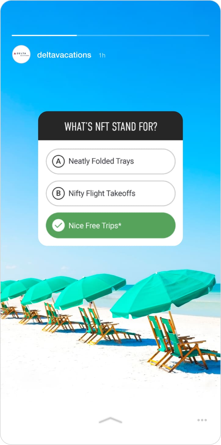 Image of Delta Vacations Poll - "What's NFT stand for? Neatly Folded Trays? Nifty Flight Takeoffs? Nice Free Trips?"