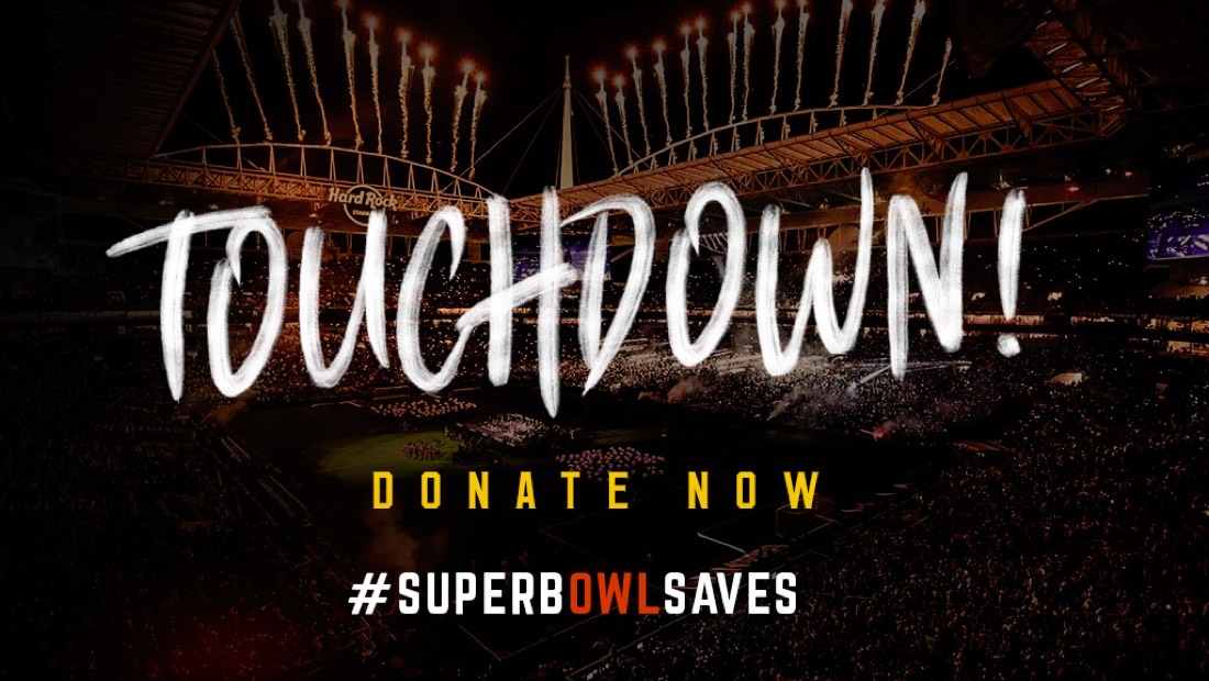 Image of a football stadium celebrating with fireworks. "Touchdown! Donate now. #superbowlsaves"