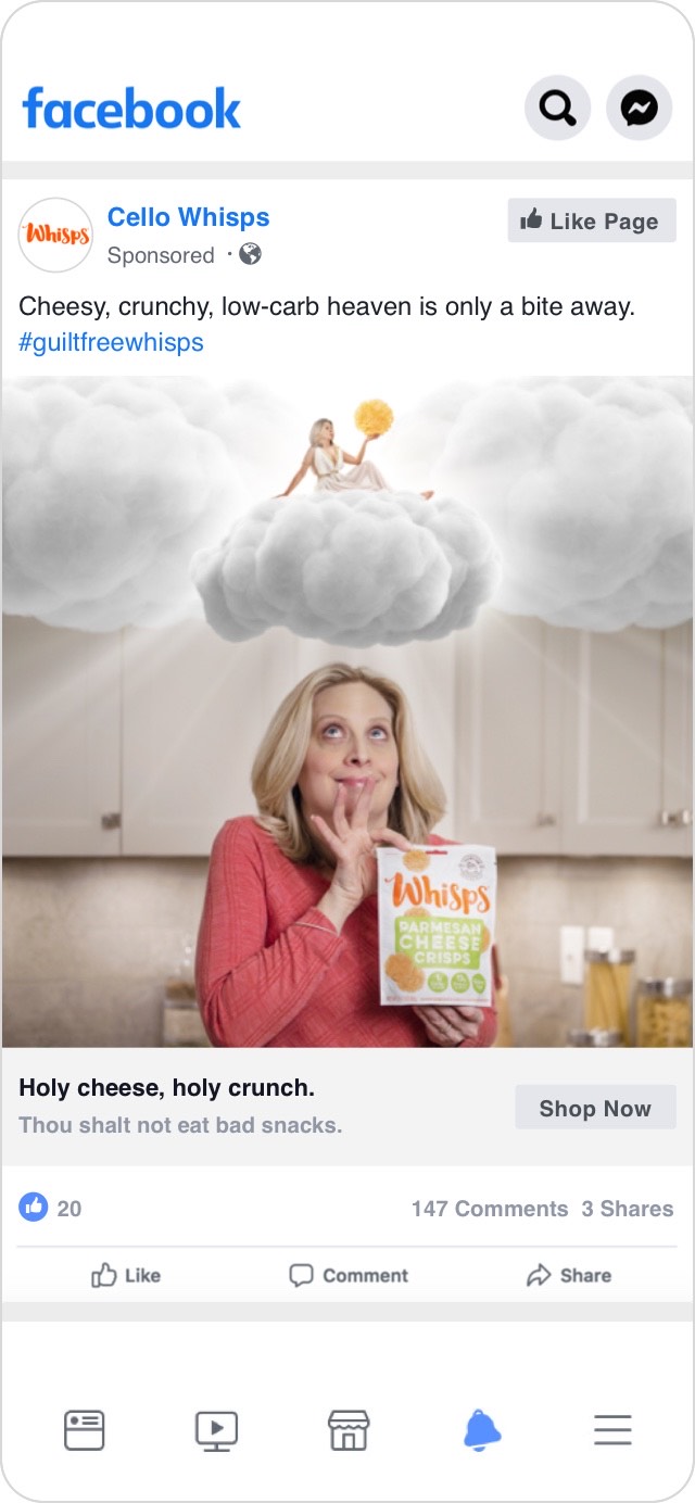 Sponsored Facebook post - "Cheesy, crunchy, low-carb heaven is only a bite away."