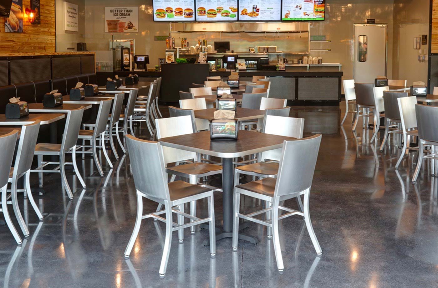 Photograph of the inside of a BurgerFi restaurant.