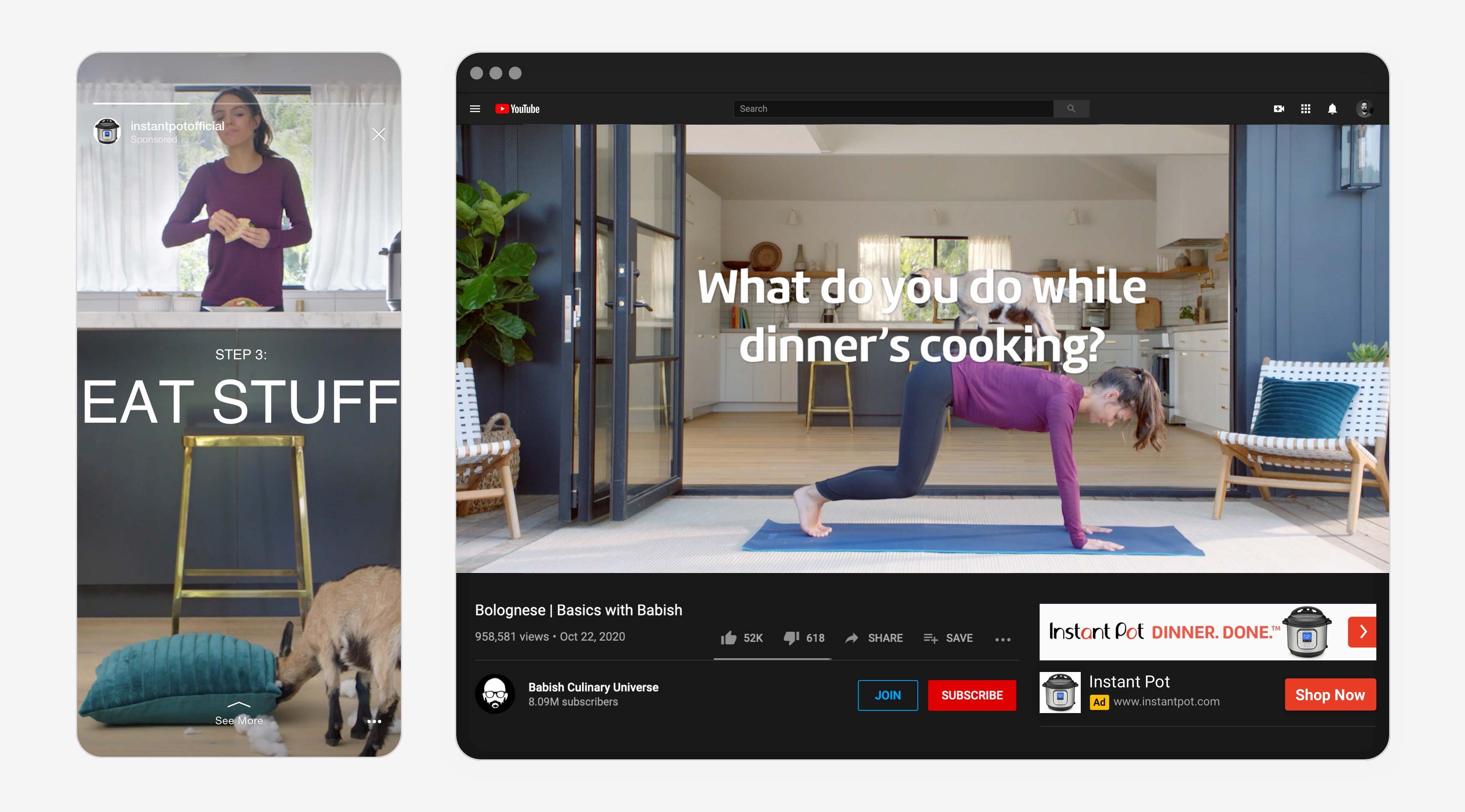 Screen shot showing Instant Pot ads on Instagram and YouTube..